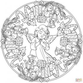 Vánoční mandala s ozdobou, andělem a dárky omalovánka | Omalovánky k Vytisknutí Zdarma