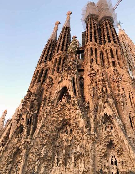 Barcelona Sagrada Familia Nativity Facade Towers With Scaffolding Stone Carvings Religious Figures Gaudi Architecture