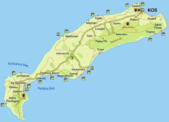 Kos mapa řeckého ostrova (letoviska, pláže, památky, výlety, hotely)