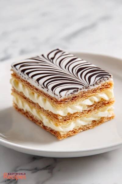 A slice of Mille-Feuille (Napoleon), on a white plate.