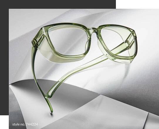 Image of Zenni square protective glasses #744224, against a light gray background with sheets of gray wrapping paper.