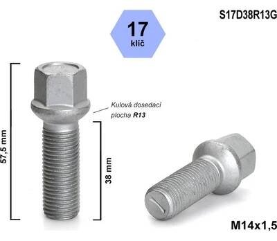 Kolový šroub M14x1,5x38 kulový R13, klíč 17, S17D38R13G, výška 57,5 od 44 Kč - Heureka.cz