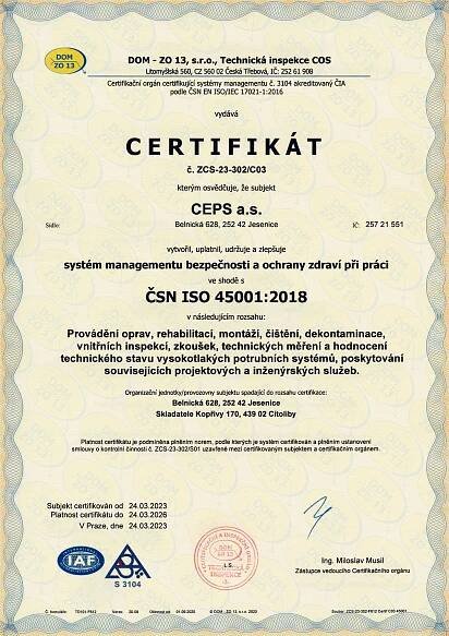 Certifikát systému managementu bezpečnosti a ochrany zdraví při práci ve shodě s ČSN EN ISO 45001:2018