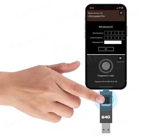 Flash disk 64 GB pro Apple iPhone / iPad - Lightning / USB-A - kovový - otisk prstu - šedý (1)