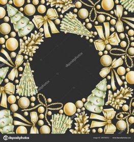 Stáhnout - Vánoční přání s ručně kreslené zlaté vánoční prvky (luky, koule, jedle) na tmavém pozadí, Vánoční přání, rám, návrh proužkové skládanky — Stock obrázek zdarma
