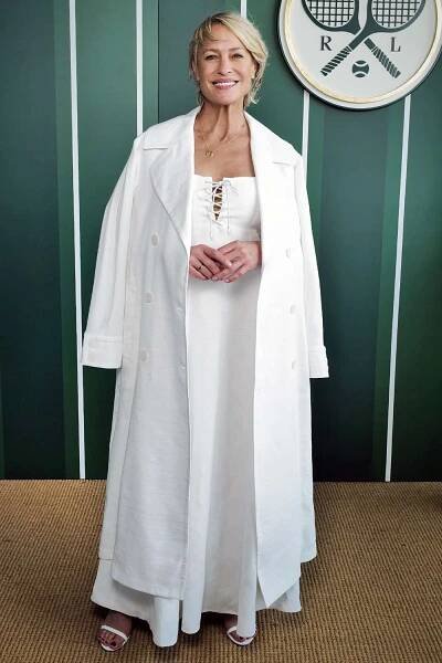 Robin Wright, wearing Ralph Lauren, attends the Ralph Lauren Suite during The Championships, Wimbledon at All England Lawn Tennis and Croquet Club on July 13, 2025 in London, England.
