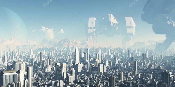 Stáhnout - Obří opuštěných válečných strojů, zastiňuje futuristické sci-fi město, 3d digitálně vykreslený ilustrační — Stock obrázek