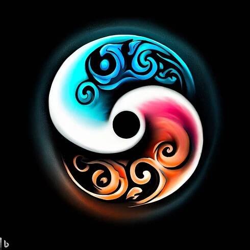 the yin symbol is painted in blue and orange colors with swirls on black background