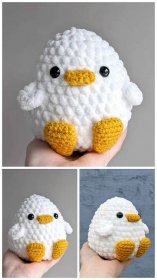 crocheted white and yellow bird with black eyes is shown in three different pictures