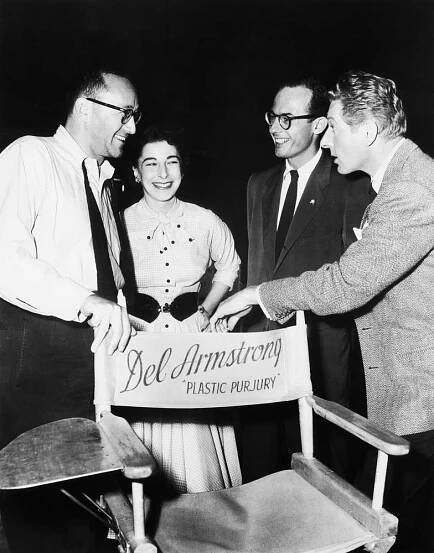 KNOCK ON WOOD, from left: director/screenwriter Melvin Frank, Sylvia Fine, director/screenwriter Norman Panama, Danny Kaye on set, 1954