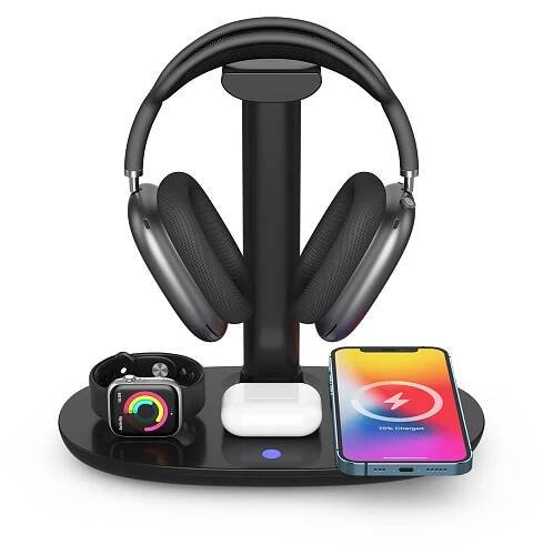 3v1 bezdrátový stojánek s držákem na sluchátka pro iPhone / Apple Watch / AirPods - 15W - černý - Appleking.cz