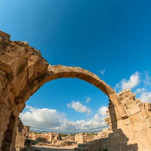 Saranta Kolones, a ruined medieval fortress. Paphos district, Cyprus