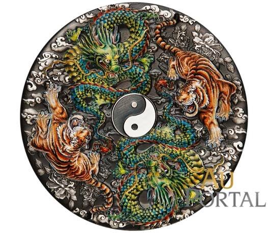 Exkluzivní stříbrná mince 5 Oz Double Dragon and Double Tiger with Yin Yang 2023 (Čínské starověké mýtické bytosti) Color Antique