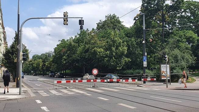 Spadlý strom uzavřel část Vinohradské. Nesmí sem chodci, auta ani MHD