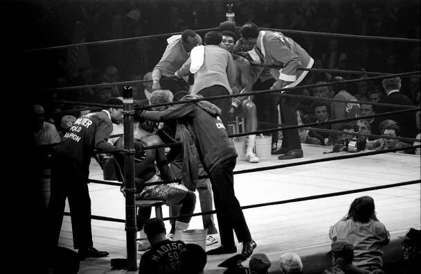 Muhammad Ali and Joe Frazier rested in their corners between rounds at Madison Square Garden on March 8, 1971.