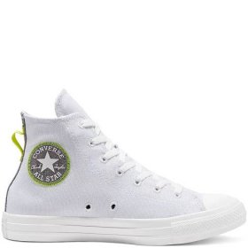Biele tenisky so žlto-zelenými detailmi od Converse model Renew Chuck Taylor All Star Hi majú biele ploché šnúrky, členkový tvar a logo značky na boku - 168594C