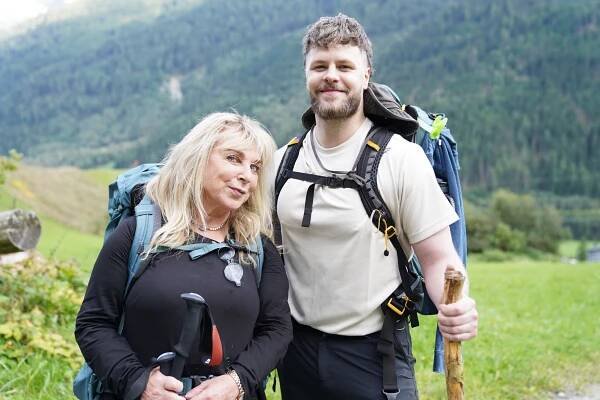 Helen Lederer and Jay McGuiness on Pilgrimage outdoors