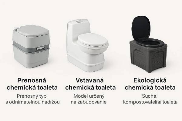 Porovnanie troch hlavných typov chemických WC vhodných na chatu – prenosné, zabudované a ekologické modely, s ilustračným zobrazením a stručnými popismi pod každým typom pre lepšiu orientáciu pri výbere. Chemické WC na chatu