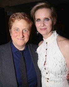 Christine Marinoni and wife Cynthia Nixon pose at the opening night after party for Manhattan Theatre Clubs production of "The Little Foxes" 