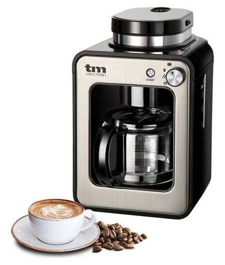 TM Electron TMPCF020S Mini kávovar de Drip s mlýnkem na zrnkovou kávu, 4 šálky, 600 W a omyvatelným filtrem Kompatibilní s mletou kávou, 600 W, 6 šálků, nerezová ocel, stříbrný