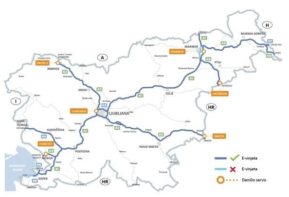 Slovinsko: Mapa zpoplatněných úseků dálnic