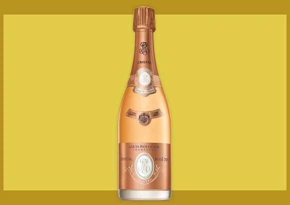 2013 Champagne Louis Roederer Cristal Rosé on a yellow bordered background. 