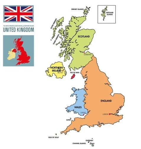 Politická mapa Velká Británie s regiony a jejich hlavní města — Ilustrace