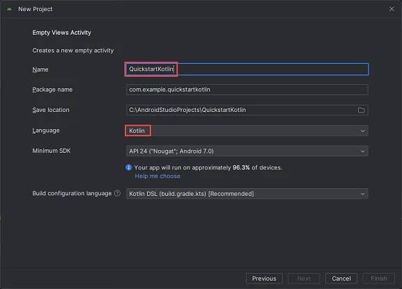 Snímek obrazovky s oknem Konfigurovat projekt v android Studiu