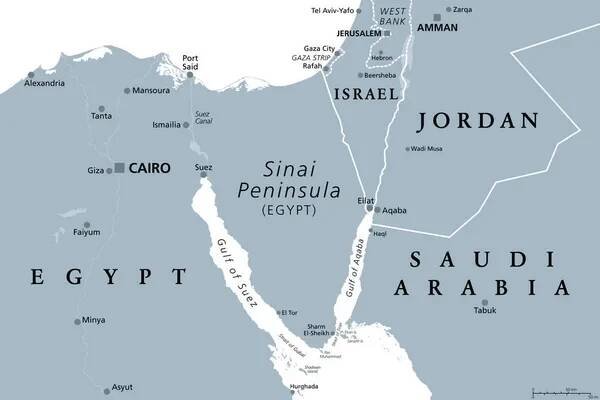Sinajský poloostrov, šedá politická mapa. Poloostrov v Egyptě, který se nachází mezi Středozemním a Rudým mořem, pevninský most mezi kontinenty Asie a Afriky. S částmi Izraele, Jordánska a Saúdské Arábie. — Ilustrace