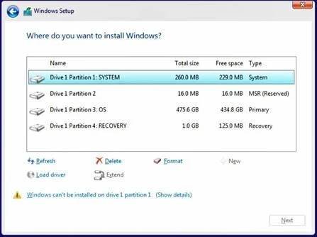 Instalační program Windows – disky jsou viditelné