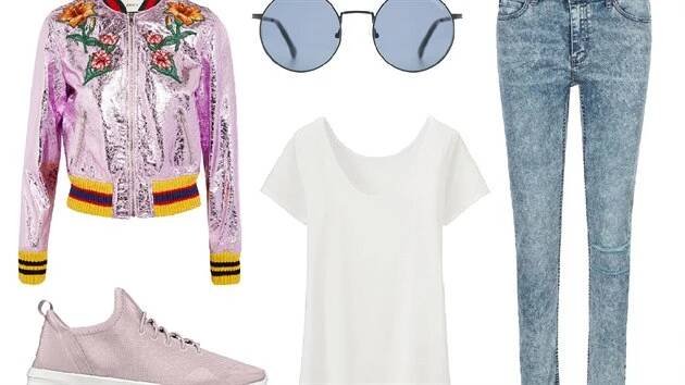 Bomber s výšivkami, Gucci, prodává Net-A-Porter.com. Tenisky ZX, adidas Originals. Lenonky, Komono. Bavlněné tričko, Uniqlo. Plísňové džíny, Cheap Monday, prodává ZOOT.