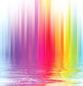 Abstraktní jasné pozadí s pestrobarevnými pruhy a vlnami, barevné pruhy odrážející se ve vodě — Stock obrázek