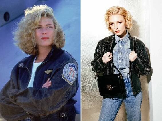 Kelly McGillis portrayed in a classic outfit and hairstyle on the left, with a similar modern recreation on the right