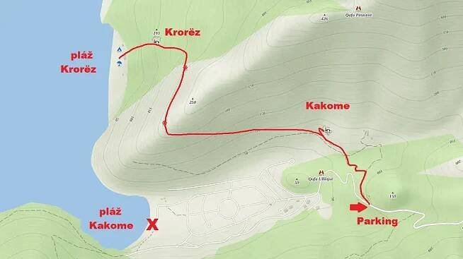 Mapa s vyznačenou pěší trasou z oblasti Kakome k pláži Krorëz v Albánii