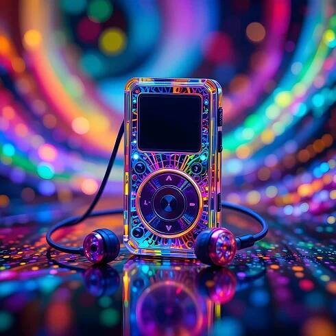 Bezplatný obrázek: Přenosný hudební přehrávač se sluchátky, grafický plakát o populární elektronické hudbě z roku 2000