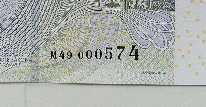 2000 Kč 2007, PRVNÍ SÉRIE M49, VELMI NÍZKÉ ČÍSLO 000574, N/UNC STAV