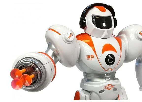 Dálkově ovládaný střílející robot R / C oranžovo-bílý