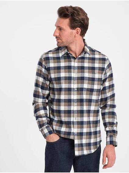Ombre Clothing Hnědo-modrá pánská kostkovaná flanelová košile Ombre Clothing