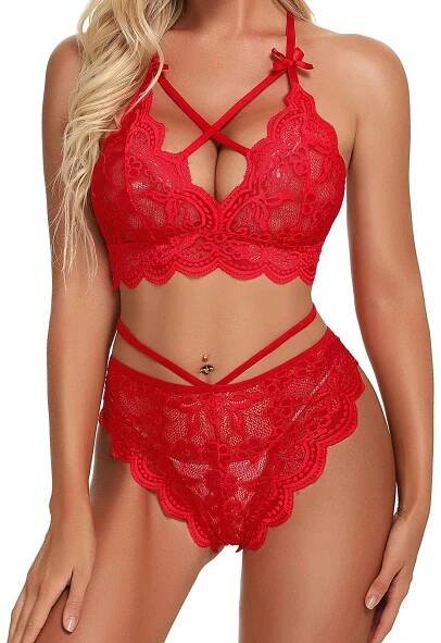 DÁMSKÉ SPODNÍ PRÁDLO KOMPLET SEXY SMYSLNÁ KRAJKOVÁ-- ČERVENÁ 3XL Postava plus size (nadměrné velikosti)