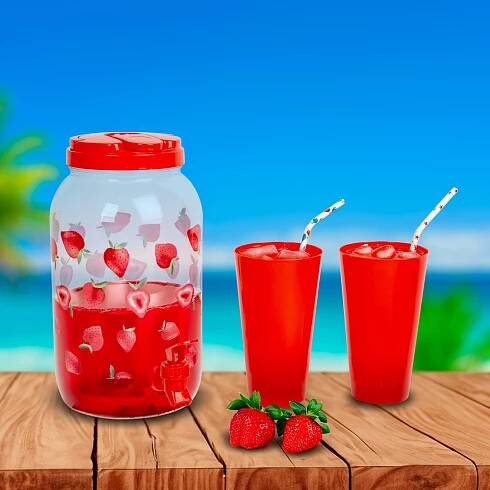 Dávkovač nápojů s kohoutkem a sadou sklenic 3,8 l - jahody - Extra-shop.cz