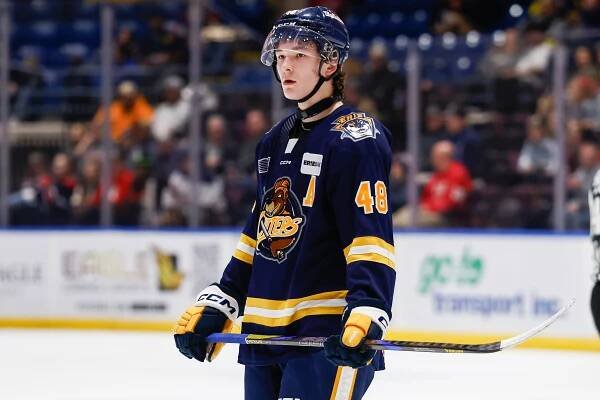 Matthew Schaefer #48 of Erie looks into the crowd during a game between Erie Otters and Saginaw Spirit at Dow Event Center on November 15, 2024 in Saginaw, Michigan.