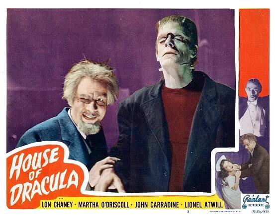 A lobby card for House of Dracula featuring Lionel Atwill and Glenn Strange