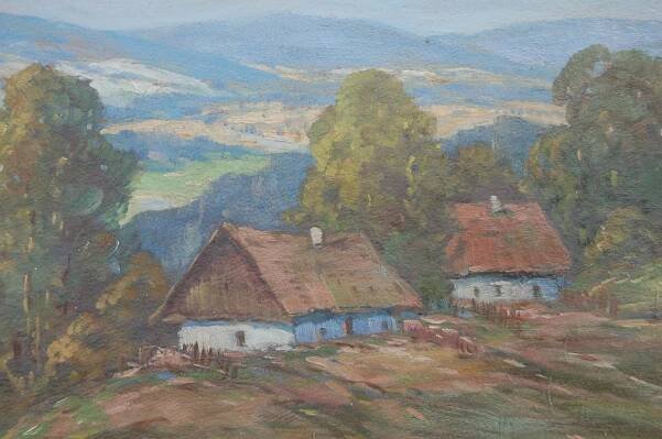 Galerijní Václav Stein, Chaloupky v Krajině, velký olej / kart.50x70cm