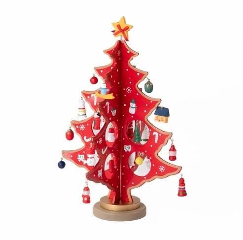 Skládací vánoční stromek s ozdoby, dřevěný, 26 cm