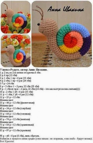 an image of a crocheted snail with different colors on it's shell
