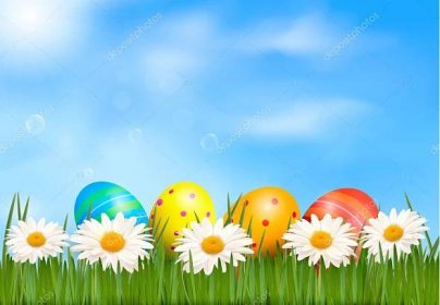 Stáhnout - Pozadí velikonoční kraslice v zelené trávě s daisy pod modrou oblohou vektor — Ilustrace