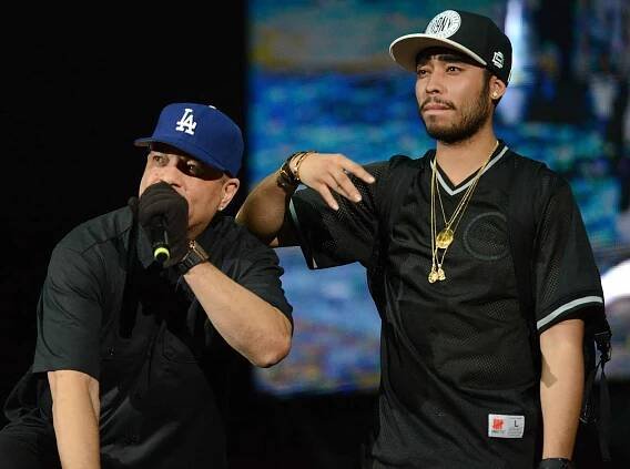 Rapper Ice-T and his son Tracy Marrow Jr perform onstage at Irvine Meadows Amphitheatre on July 18, 2015 in Irvine, California