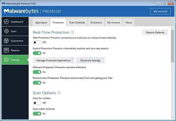 Malwarebytes Anti-Malware Detection and Protection Settings Page