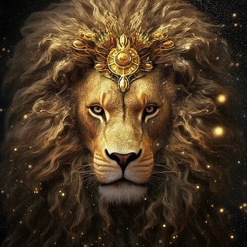 Zodiac sign of Leo, fantasy lion with golden decoration, generative AI