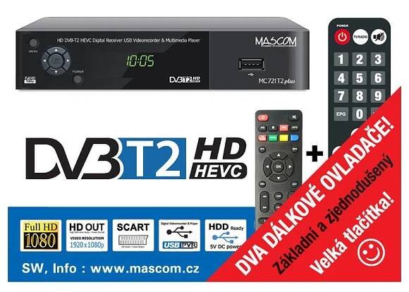 Mascom MC721T2PLUS, přijímač DVB-T2 HEVC se dvěma ovladači. - Resat CZ s.r.o.